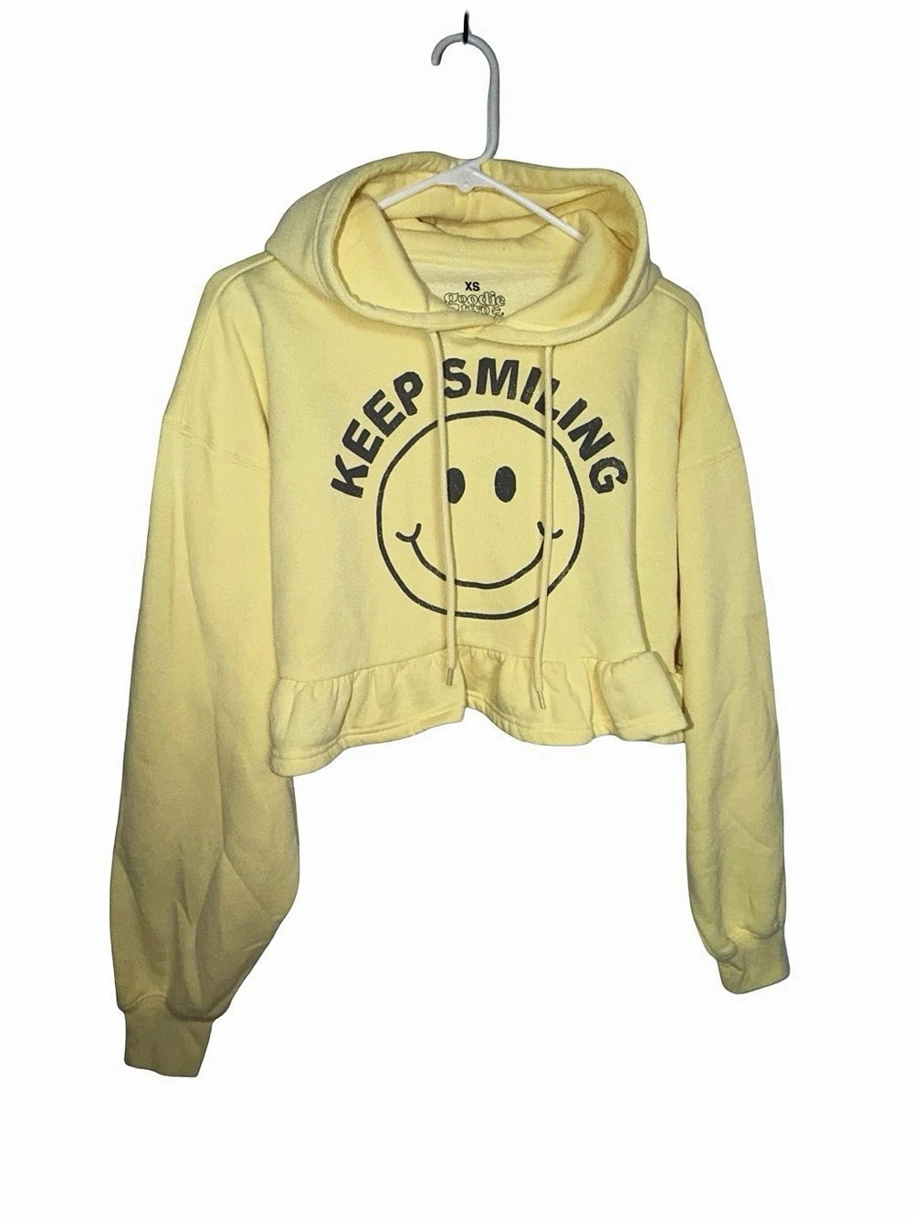 Goodie Two Sleeves Keep Smiling Smiley Face Ruffle Crop Hoodie Graphic Hoodie